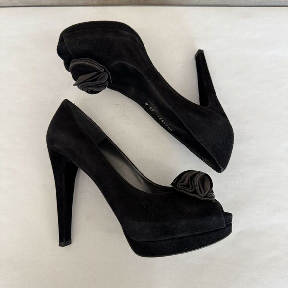 Stuart Weitzman Black Suede Floral Peep Toe Stiletto Heels Women’s 8.5 Evening - Picture 16 of 16